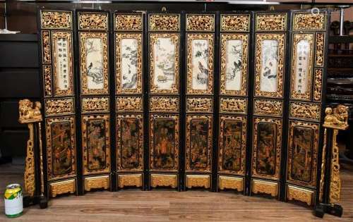 8-Panel Painting & Carved Gilt Wood Screen Republi