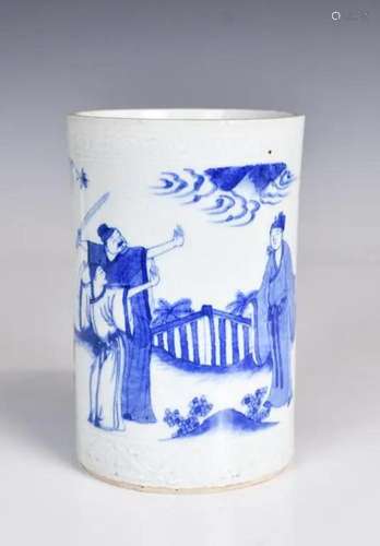 A Blue & White Figural Story Brush Pot, Qing