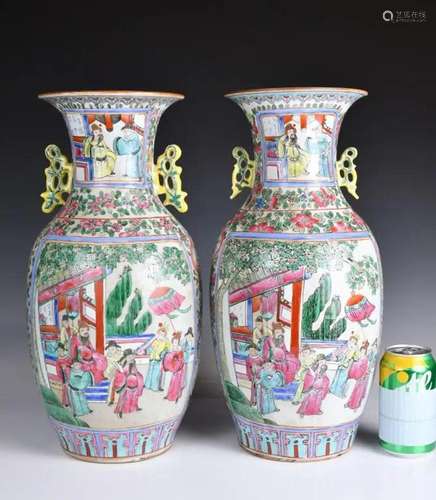 A Pair of Large Famille Rose Figural Vase 19thC