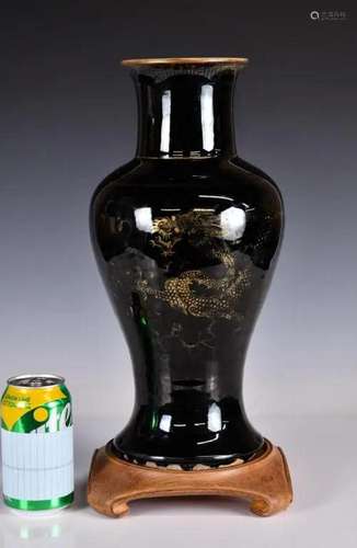 A Glit Black Glaze Dragon Phoenix Vase w/Std 18thC