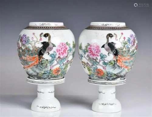 A Pair of Famille Rose Candle Holders 1950-70s