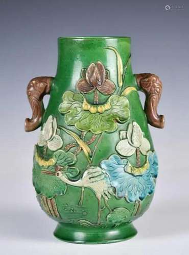 A Green Ground Sancai Lotus Vase w/Handles 19thC