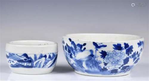 A Group of 2 Blue & White Water Pots