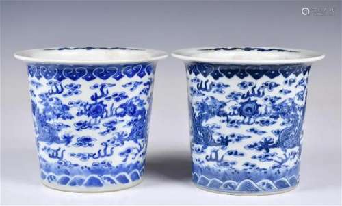 A Pair of Blue & White Dragon Flower Pot Kangxi Mk
