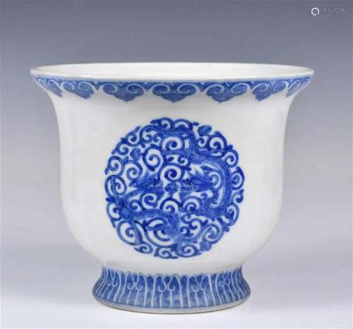 A Blue & White Dragon Flower Pot Qianlong Mk