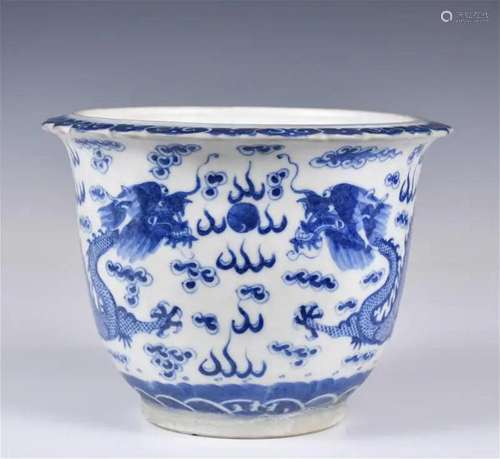 A Blue & White Dragon Flower Pot Qianlong Mk