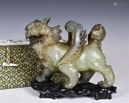 A Celadon Jade Carved Lion w/Box & Std 1950-70s