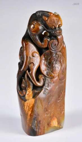 A Russet Jade Carved Chilong Seal Qing