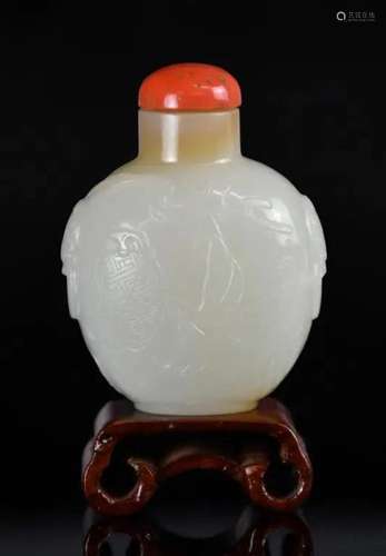 A White Jade Incised Snuff Bottle w/Stand Qing