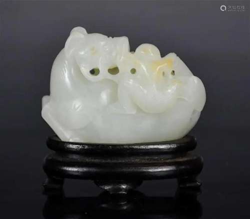 A White Jade Carved Monkey & Horse w/Std Qing