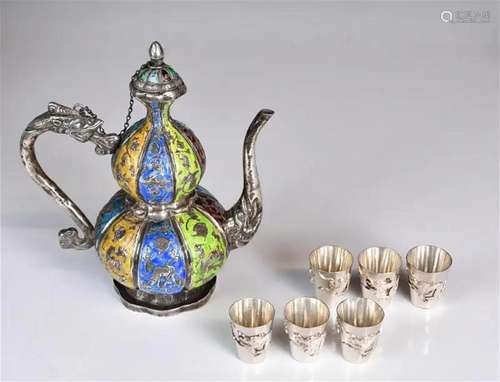 A Silver-Enamelled Ewer & A Group of 6 Cups 19thC