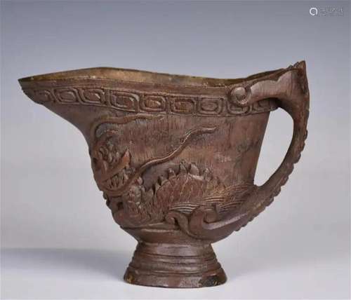 A Bamboo Carved Dragon Libation Cup 19thC