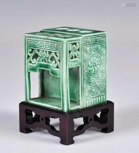 A Green-Glazed Rectangular Brush Rest w/Std 19thC