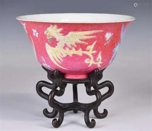 A Ruby-Grounded Famille Rose Bowl Qianlong Mk