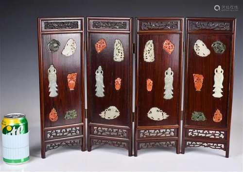 A Hardwood Stones Inlaid Four-Fold Screen 19thC