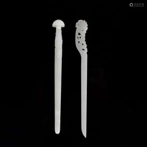 A Group of 2 White Jade Hairpins Qing