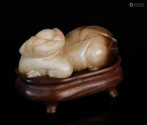 A Jade Carved Beast with Stand 18thC