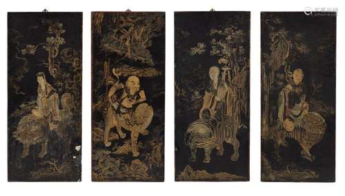 清十九世纪 黑漆描金四扇屏QING DYNASTY, 19TH CENTURY