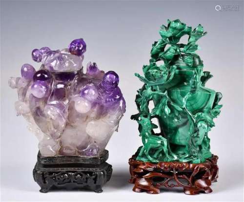 A Malachite & An Amethyst Carved Vases w/Stand