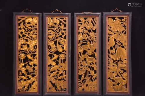 香樟木镂空雕描金荷塘雅趣老花窗一套。