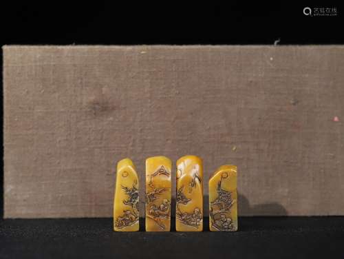 旧藏珍品布盒装纯手工雕刻寿山石印章4小件山水人物简介