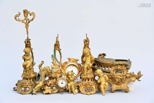 Collection of gilt bronze elements: putti, bells, clockwork ...