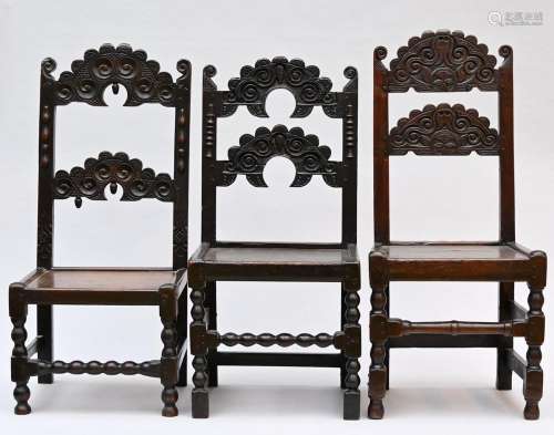 Three English chairs, 17th-18th century (h107, 102, 97cm)