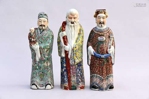 Three Chinese famille rose porcelain sculptures 'Fu Lu Shou'...