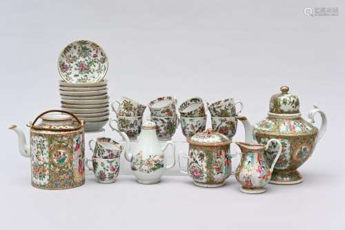 A collection of Canton porcelain: 3 teapots, milk jar, sugar...