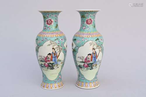 A pair of Chinese turquoise vases famille rose porcelain 'el...