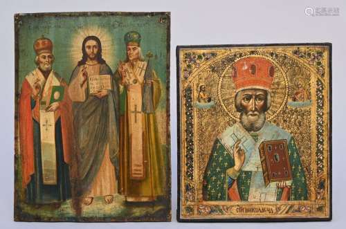 Two Russian icons 'Saint Nicholas' and 'Christ' (35.5x31cm) ...