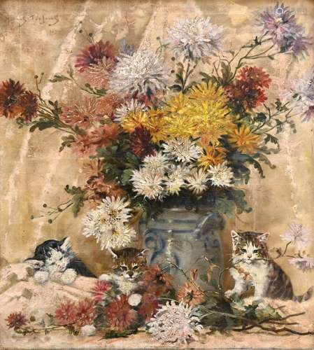 Albert Toeffaert: painting (o/c) 'flowers with cats' (67x61c...