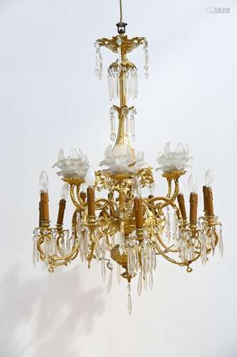 Copper chandelier with lampshades and crystal (h107 dia74cm)