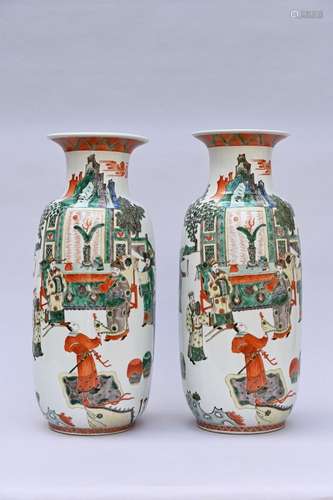 Two vases in famille verte porcelain 'court scene' (h60.5cm)...