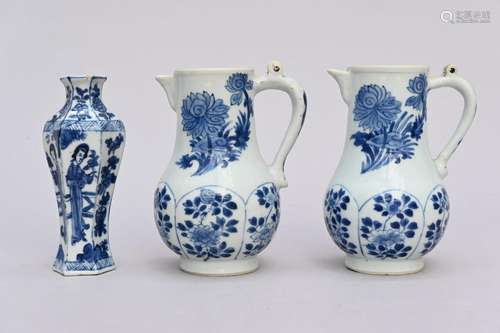 Pair of ewers and hexagonal vase in blue and white porcelain...