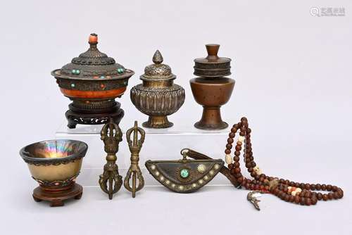 Collection of Tibetan objects: two goblets, two butter lamps...