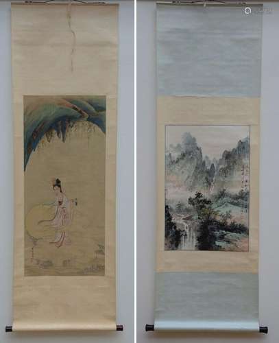 Chinese hanging scroll 'landscape' (65x44cm) + hanging scrol...