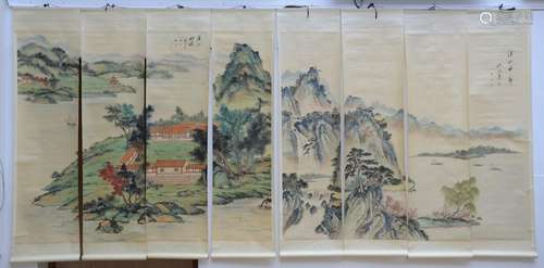 Series of 8 hanging scrolls 'landscape', China (167x50cm)