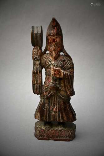 Wooden statue of a lama with ritual drum, Himalayas 19th cen...