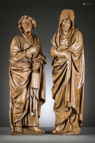 Two large oak sculptures 'John and Mary', Brabant 15th - 16t...