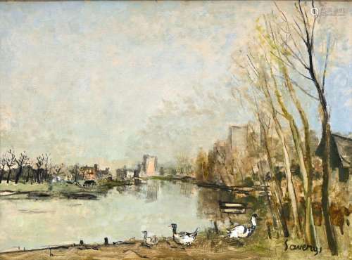 Albert Saverys: painting (o/p) 'Leie at Deinze' (60x80cm)