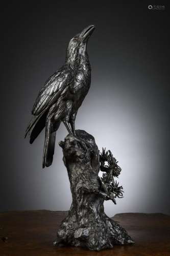 Japanse bronze okimono 'crow on a tree trunk', Meiji period ...