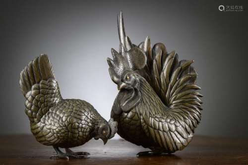 A pair of Japanese bronze okimonos 'chicken and rooster', Me...