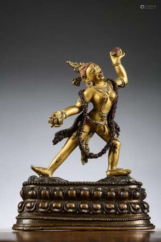 Tibetan statue in bronze 'Dakini' with polychromy, 17th cent...