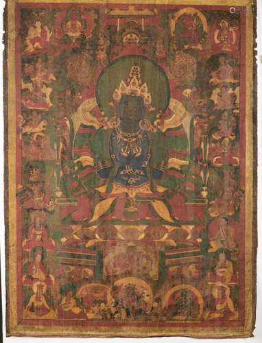 A rare Tibetan thangka 'Vajradhara Buddha surrounded by Lama...