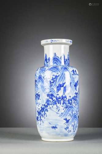 A Chinese blue and white rouleau vase 'the hunting party', 1...