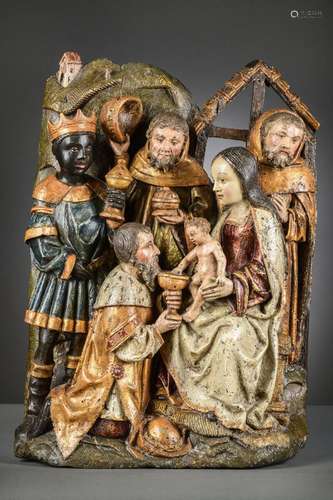 Retable in polychrome wood 'adoration of the Magi', 16th cen...