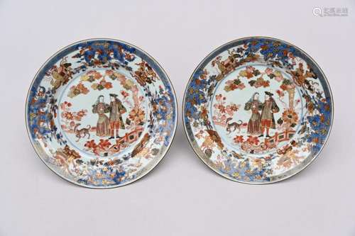 A rare pair of Chinese Imari plates with European decor 'gov...