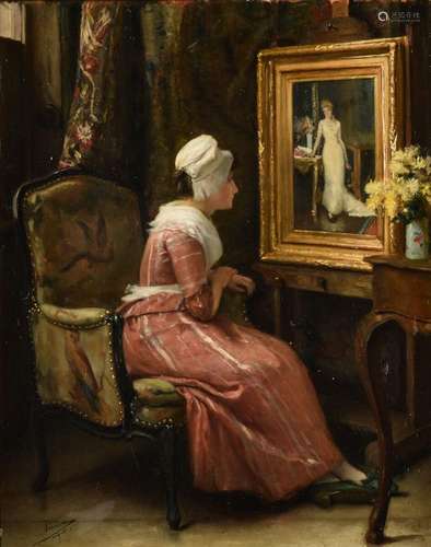 Auguste Serrure: painting (o/p) 'lady inspecting a portrait'...