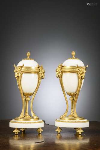 Pair of Louis XVI style marble and bronze cassolettes (h23cm...